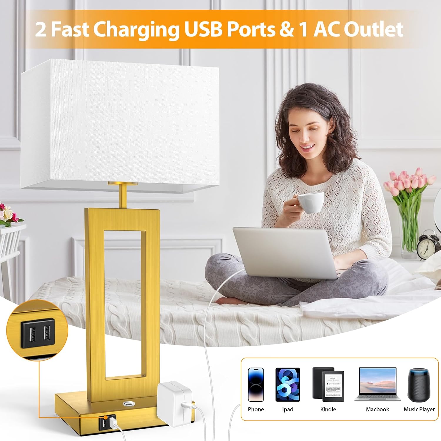 Table Lamps for Bedrooms Set of 2, 27.2’’ Super Tall Modern Gold Lamps for Living Room Nightstand End Tables, Button Touch Control…