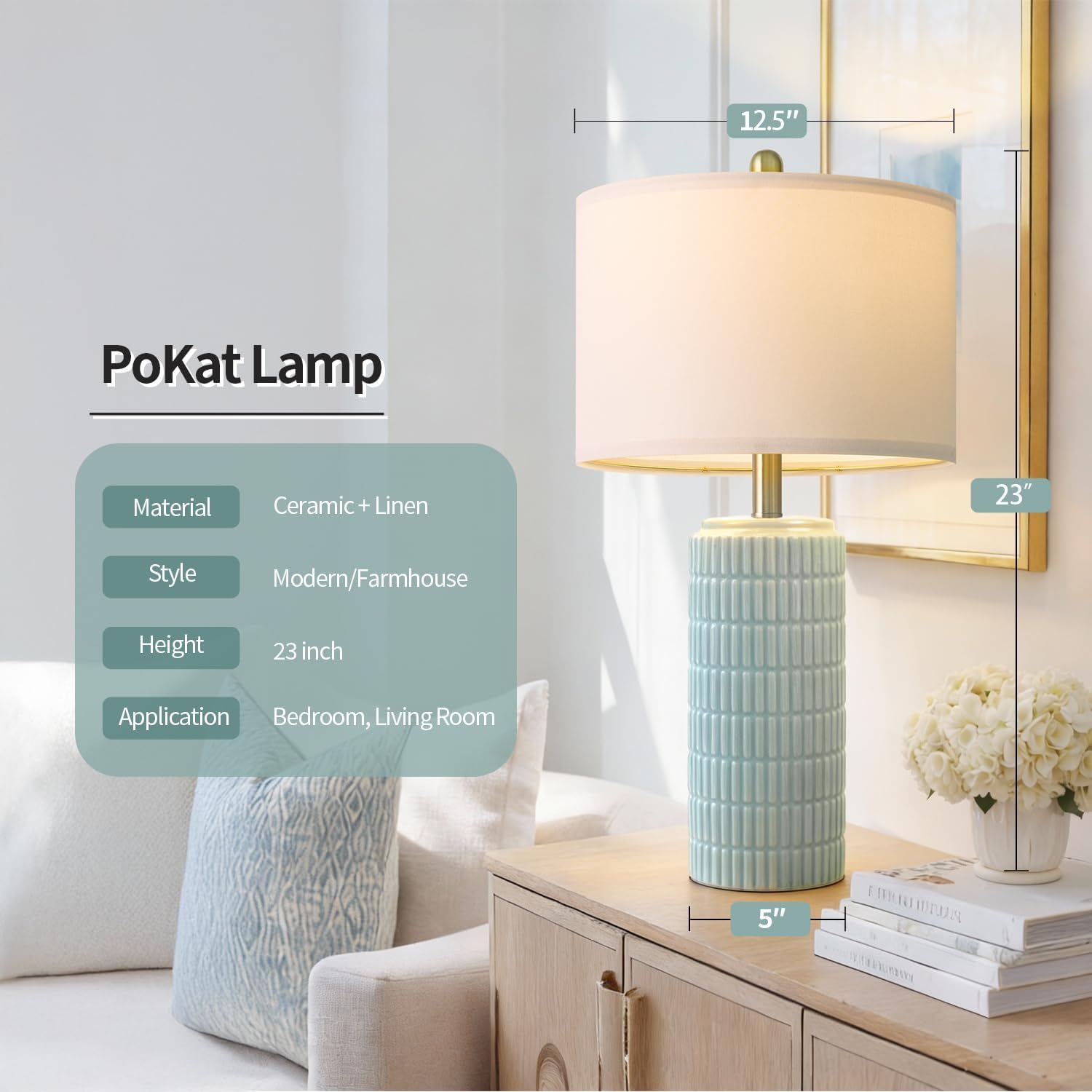 PoKat 23" Light Blue Table Lamps Set of 2, Modern Bedside Lamps for Bedroom, Coastal Ceramic End Table Lamps for Living Room, Ocean…
