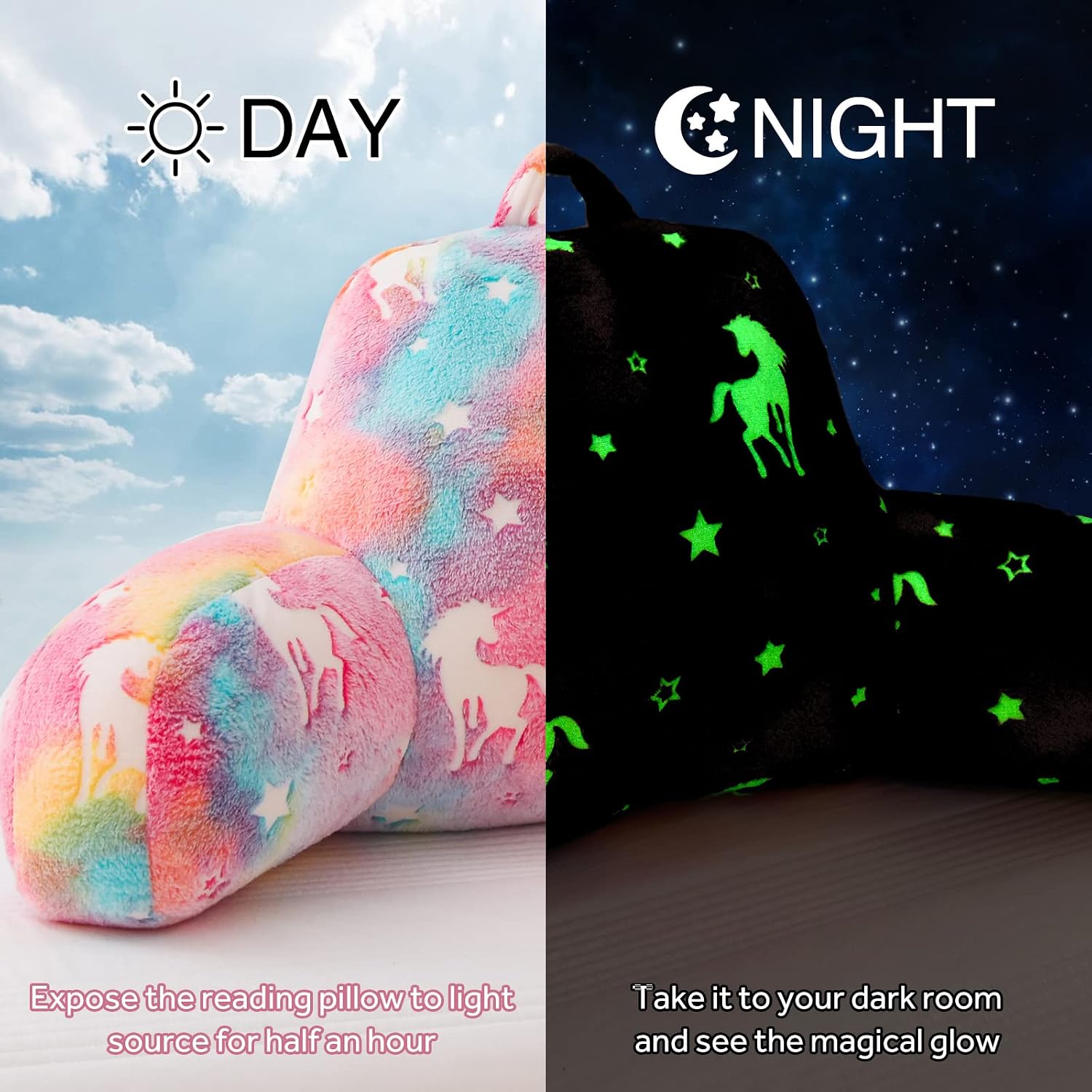 Anicenight A Nice Night Unicorn Plush Reading Pillow Glow in The Dark Colorful Star Bed Wedge Children Backrest with Arms Back Support for…