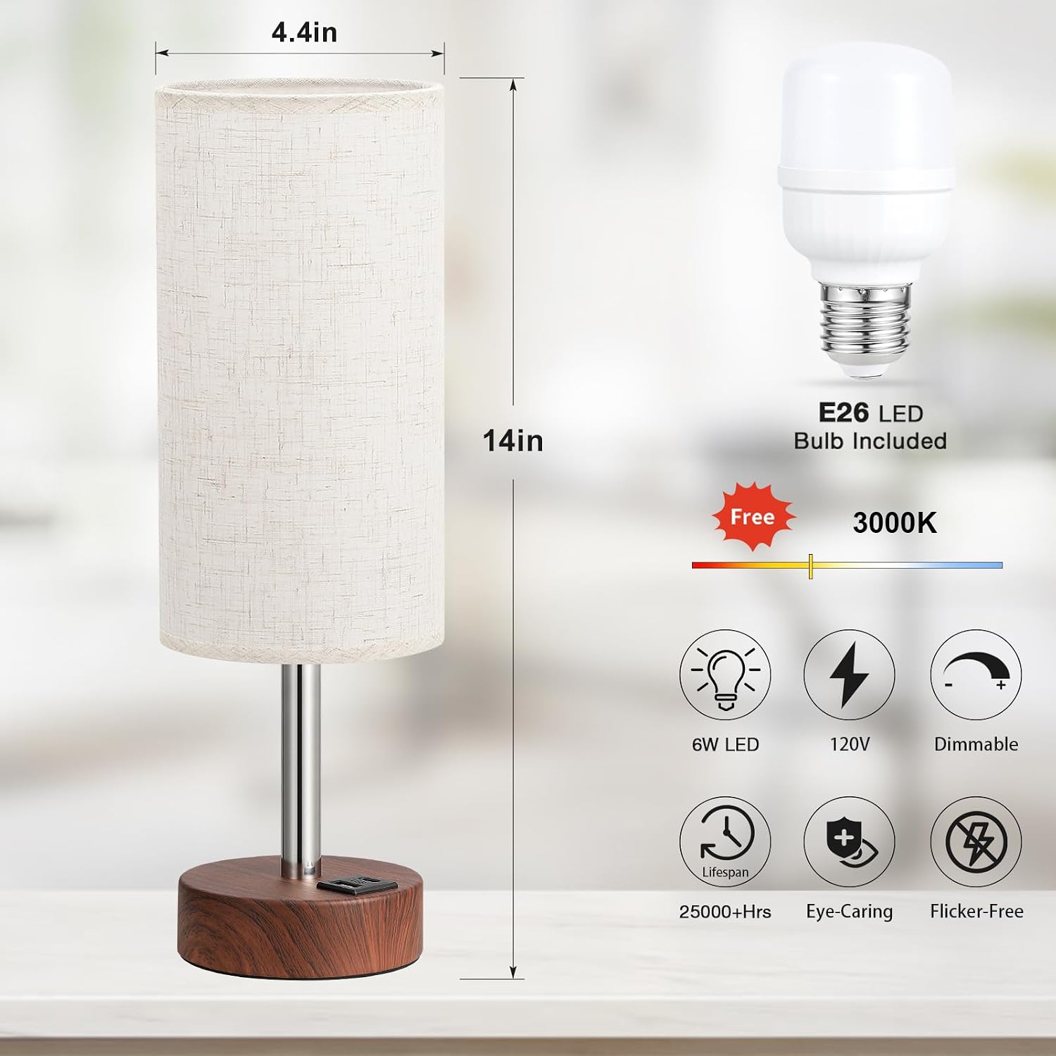 Dicoool Touch Bedside Table Lamp with USB - 3 Way Dimmable Redwood Lamps for Bedroom Nightstand, Desk Lamp with Charging Station for…