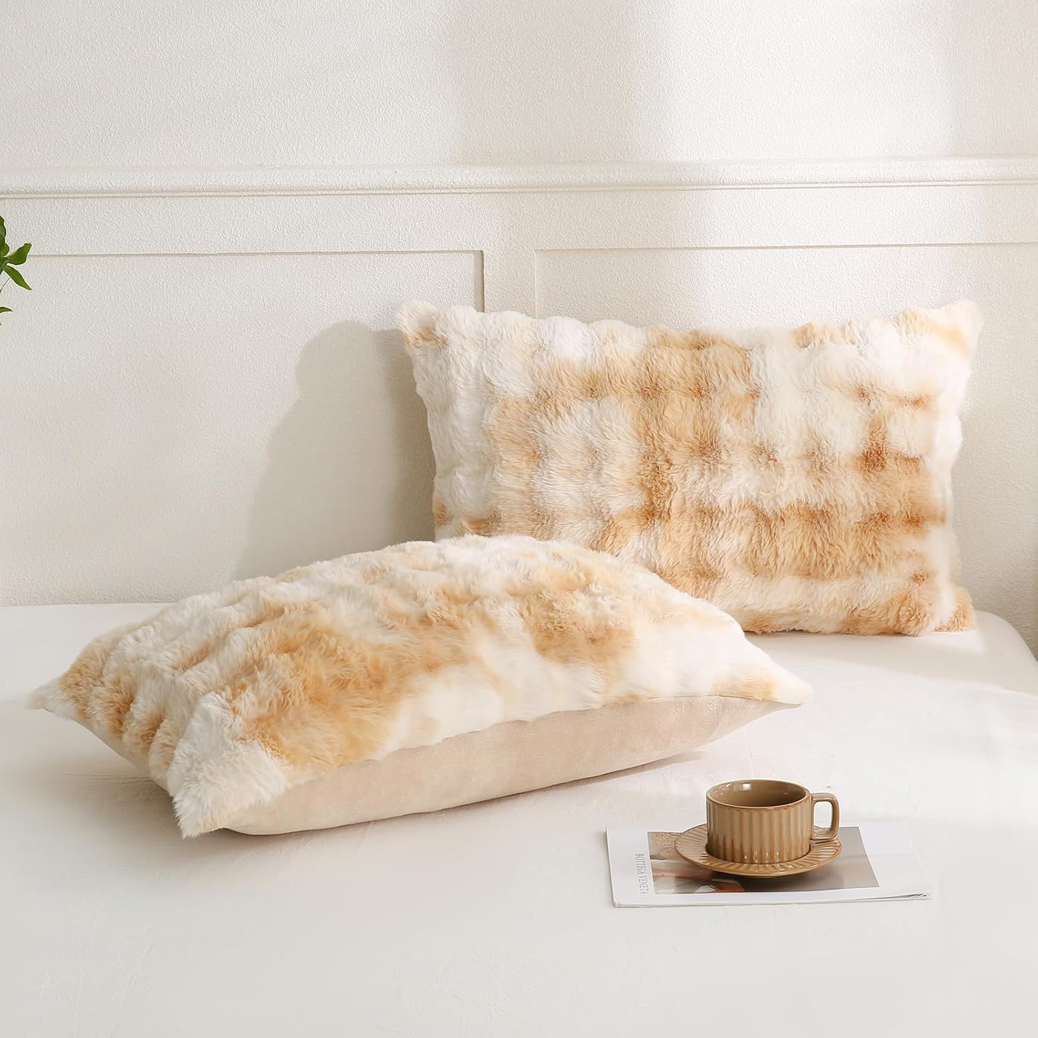 Chumerry Beige Fuzzy Pillow Case Faux Fur Pillow Cover Chic Plaid Check Texture Extra Soft Fluffy Plush Shaggy Fabric Tie Dye Decorative Pi…
