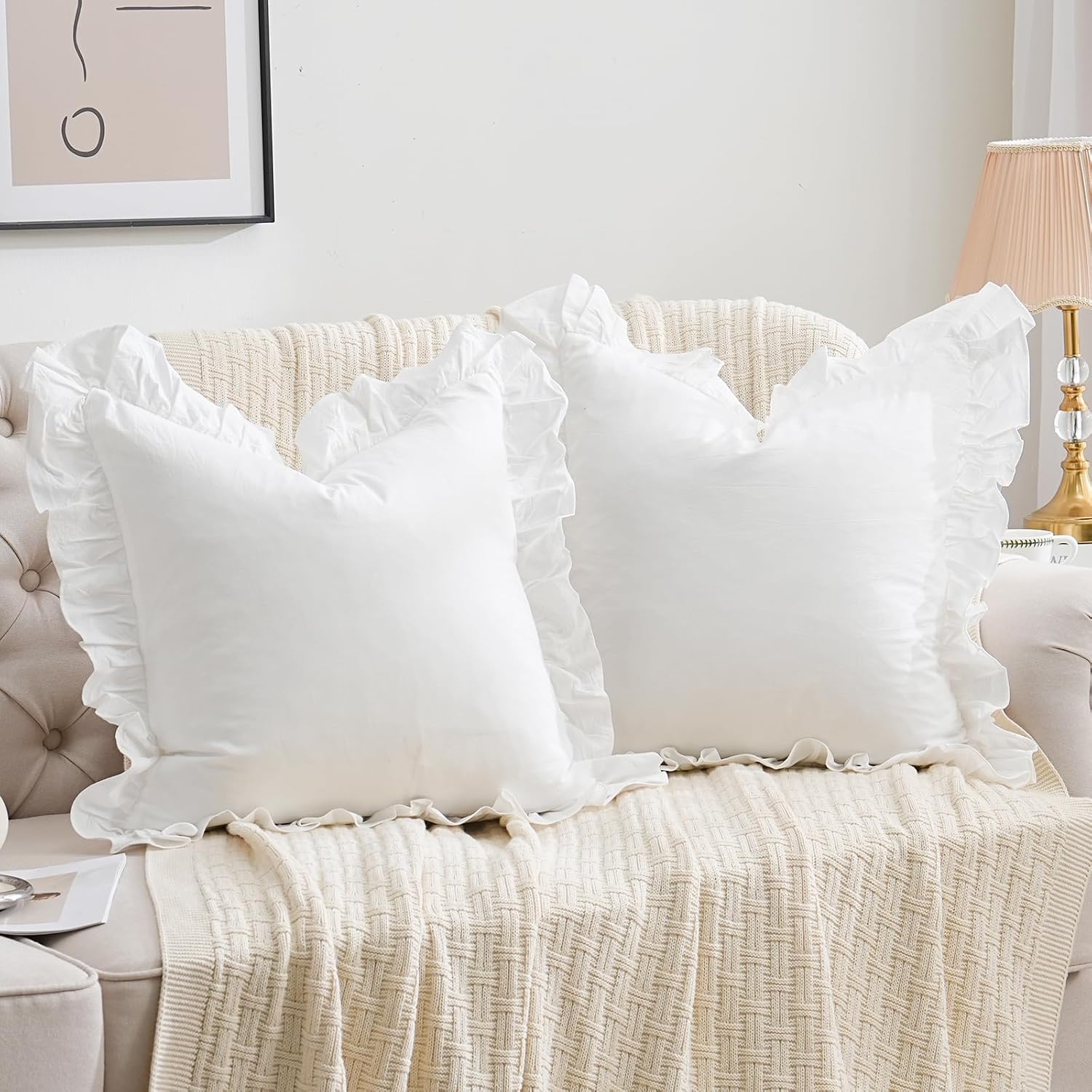 Qilunn 2 Pack Ruffle Throw Pillow Covers Farmhouse Off White Shabby Washed Cotton Decorative Pillow Shams for Bed, Sofa, Living Room-20"x20…