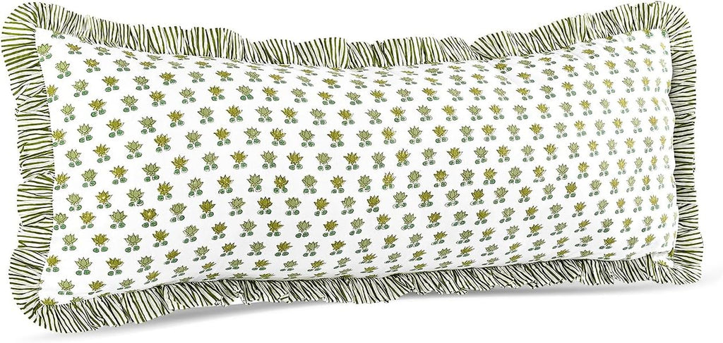Cottonprintclub CPC Hand Block Print Lotus Meadow Ruffle Sham Pillow Cover 36" x 14" inch Hidden Zipper Decorative Pillowcase for Couch, Be…