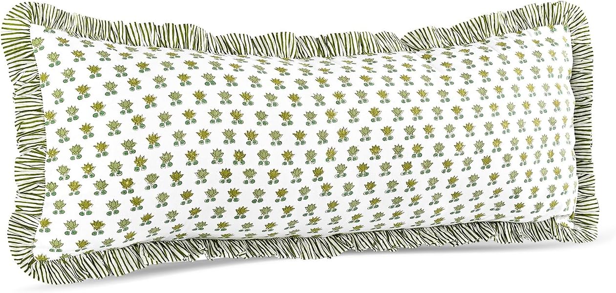 Cottonprintclub CPC Hand Block Print Lotus Meadow Ruffle Sham Pillow Cover 36" x 14" inch Hidden Zipper Decorative Pillowcase for Couch, Be…