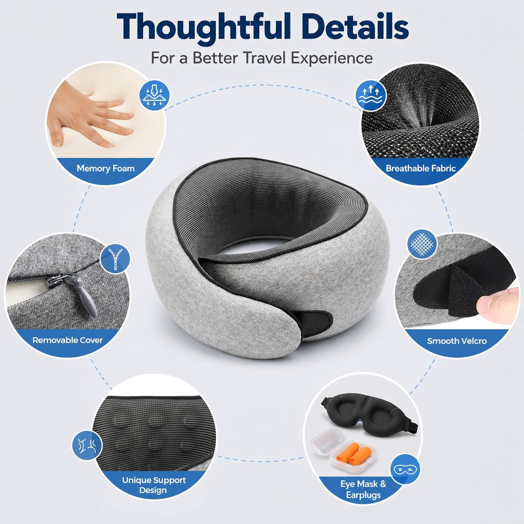PurrochLife Purroch G-Shape Memory Foam Travel Neck Pillow - 100% Pure Foam Ergonomic Support with Eye Mask & Ear Plugs for Airplane Flight…