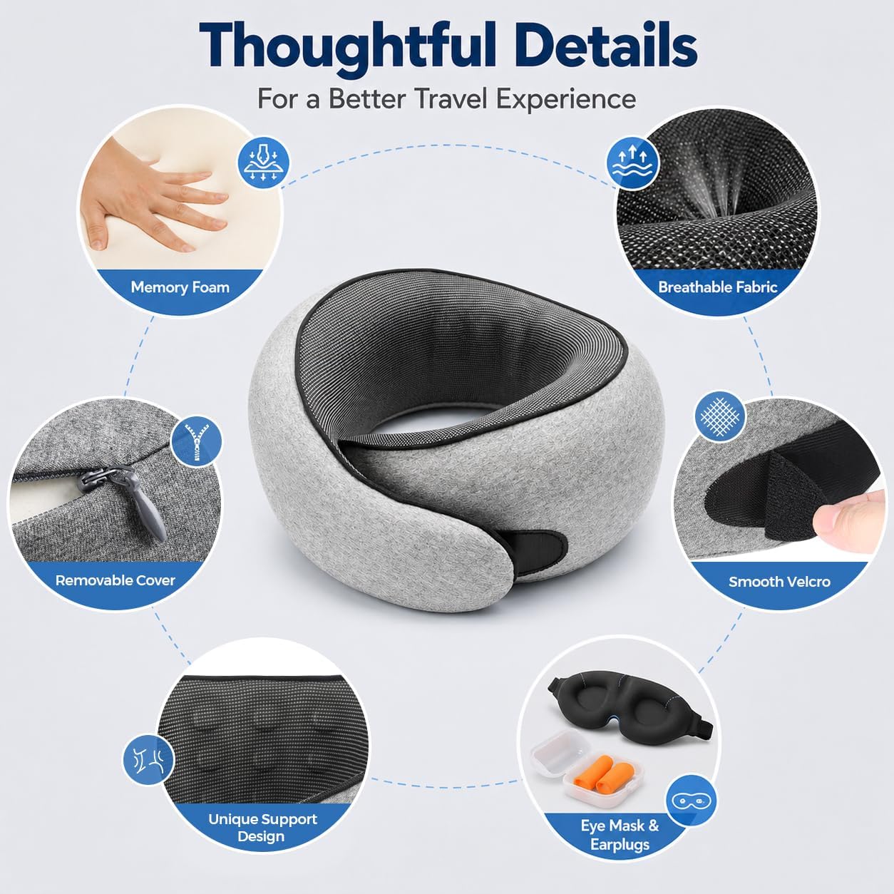 PurrochLife Purroch G-Shape Memory Foam Travel Neck Pillow - 100% Pure Foam Ergonomic Support with Eye Mask & Ear Plugs for Airplane Flight…