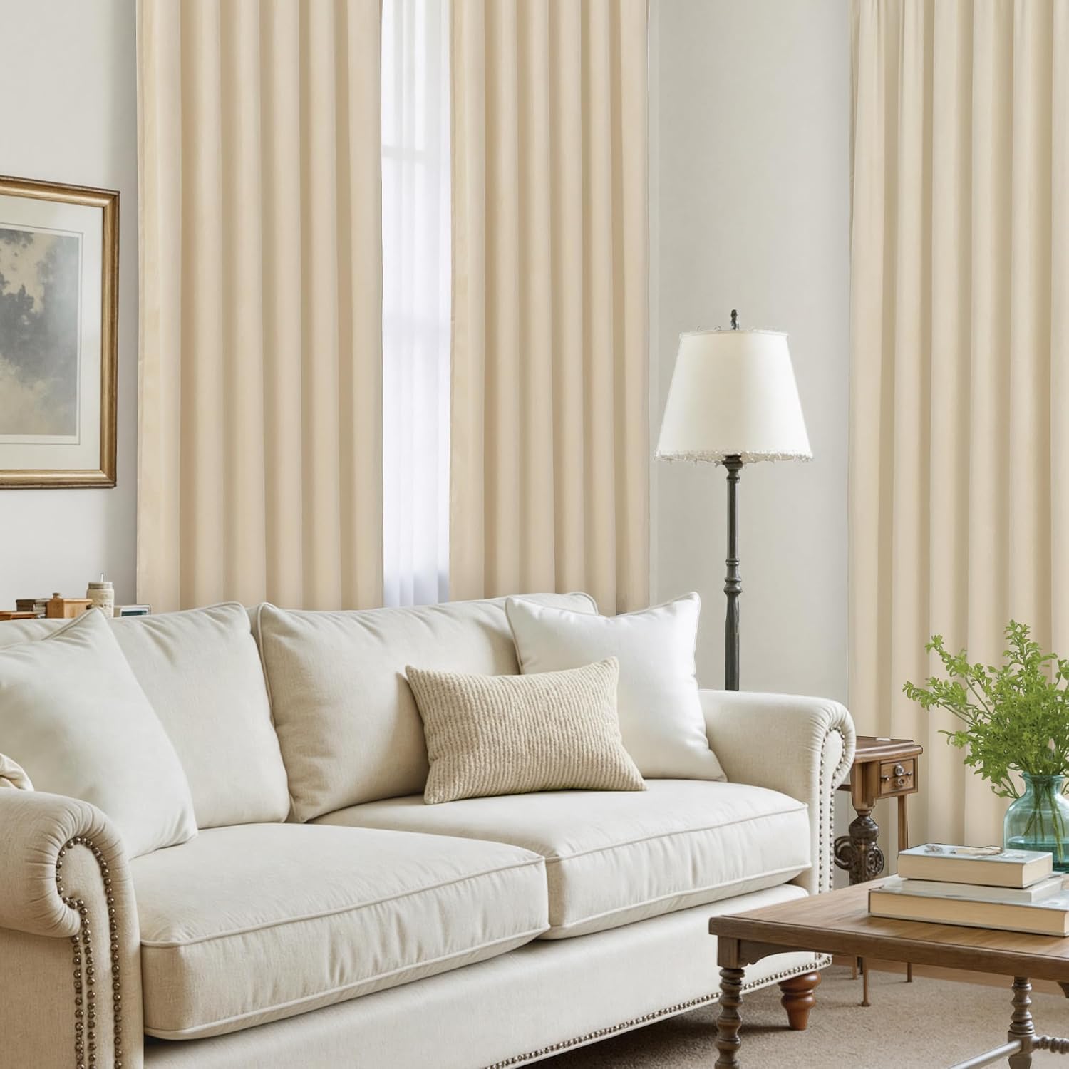 Lamit Beige Velvet Curtains for Living Room 120 Inches Long, Elegant Thermal Insulated Panels Noise Reducing Back Tab and Rod Pocket Drapes…