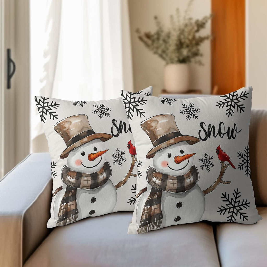 Snowman Throw Pillow Cover Christmas Pillowcase 20x20 Inch Set of 2 Snowflake and Red Cardinal Bird Decorative Cushion Cover Winter…