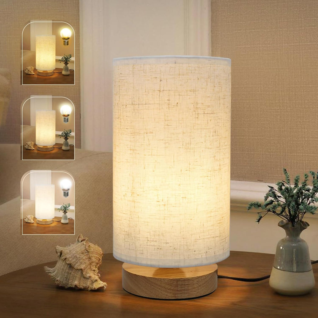 Minimalist Dimmable Nightstand Lamp with Round Fabric Linen Shade, 3 Color Temperatures, Desk & Bedside Lamp for Study, Living Room…