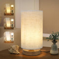 Minimalist Dimmable Nightstand Lamp with Round Fabric Linen Shade, 3 Color Temperatures, Desk & Bedside Lamp for Study, Living Room…