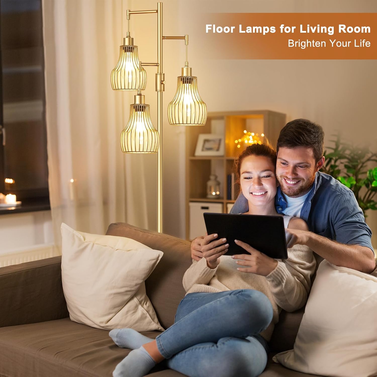 Ziisee Dimmable Gold Floor Lamps for Living Room, 70" Farmhouse Tree Standing Tall Lamps with 3 Elegant Cage Shade & 800 Lumens LED Bulbs…