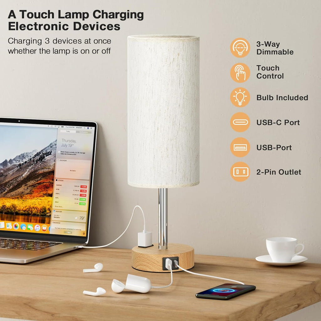 Fenmzee Bedside Table Lamp for Bedroom - 3 Way Dimmable Touch Lamp USB C Charging Ports and AC Outlet, Small Lamp Wood Base Round Flaxen…