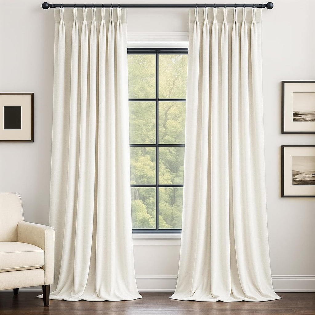Drapenova 96 Inch Long Velvet Pinch Pleated Curtains for Living Room/Bedroom Ivory Modern Elegant Room Darkening Soundproof Thermal…