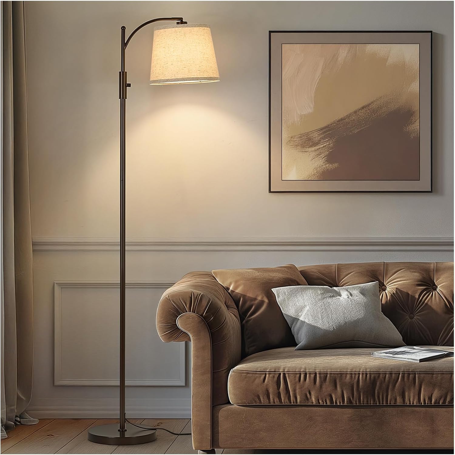 AIDENOEY Fully Dimmable Floor Lamp for Living Room, Standing Lamp Rotary Switch with Linen Beige Shade, Brown Tall Lamps for Bedroom with…