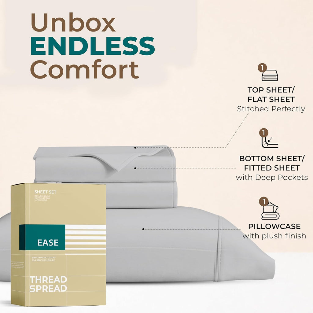 THREAD SPREAD Egyptian Cotton Sheets Twin Size – 300 Series 16" Deep Pocket 100% Cotton Sheets Twin Size (4 PC, Light Grey), Soft &…
