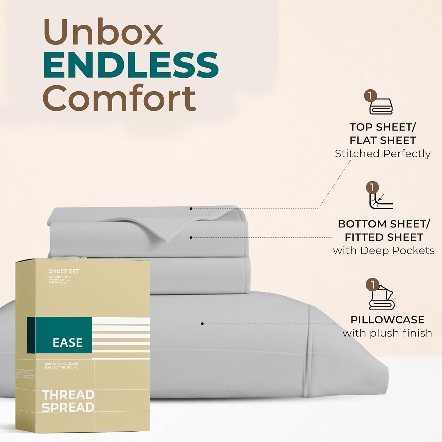 THREAD SPREAD Egyptian Cotton Twin XL Sheet Set – 300 Series 16" Deep Pocket Extra Long Twin Sheets for Dorm Room (4 PC, Light Grey)…