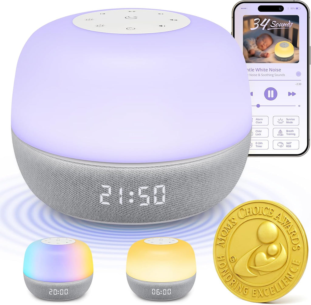 2025 Mom's Choice Awards | Sound Machine Baby White Noise Machine with Sunrise Alarm Clock & App Control – 360° RGB Night Light, Sleep…