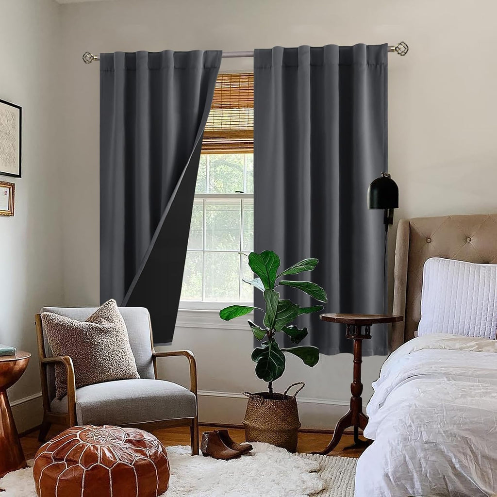 BGment Dark Grey 100% Blackout Curtains 63 Inches Long with Thermal Insulated Liner, Rod Pocket and Back Tab Double Layer Full Room…