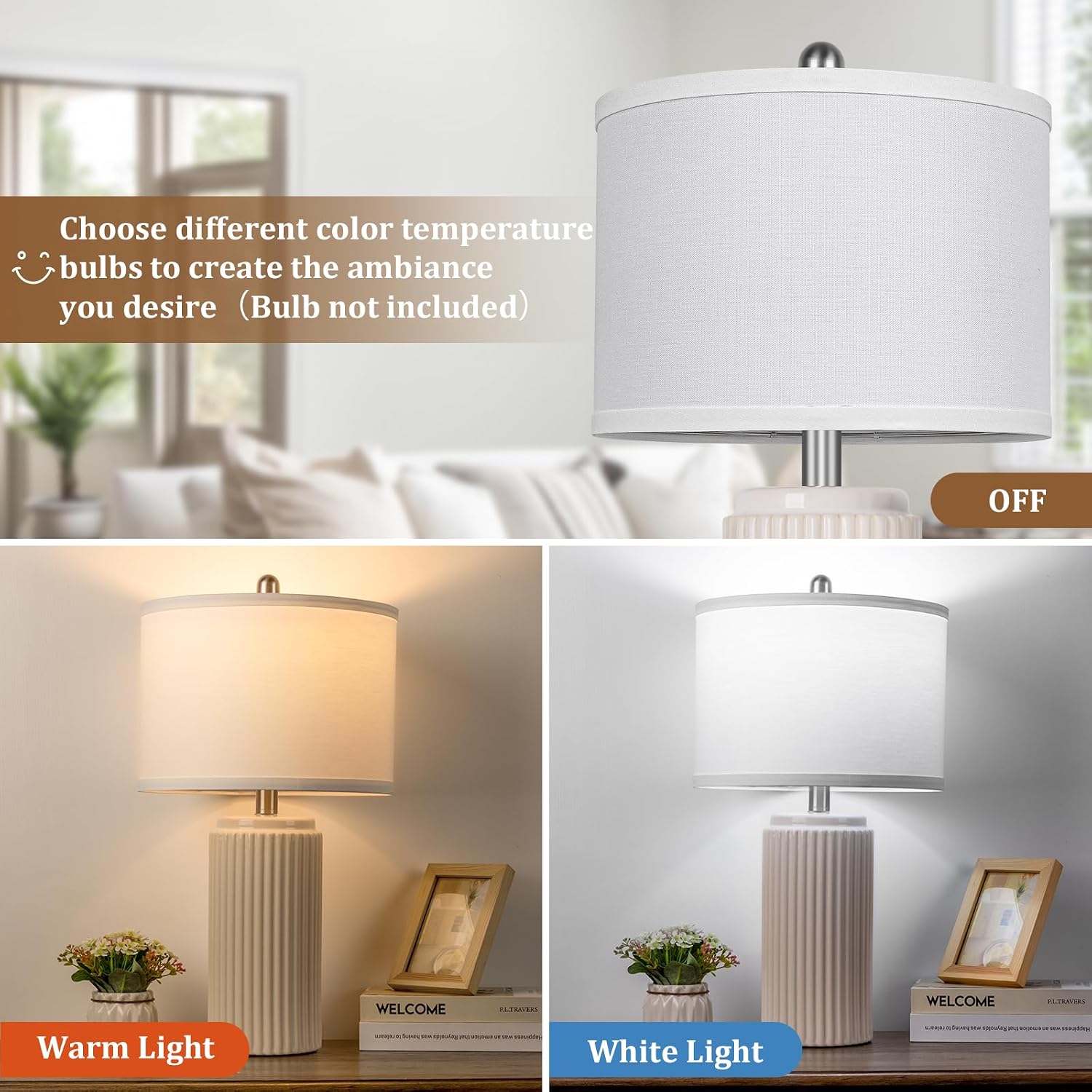 Tobusa 23.5’’ Modern Ceramic Table Lamps Set of 2 for Living Room, Farmhouse Vintage Bedside Table Lamps with White Linen Shade, Rustic Bed…