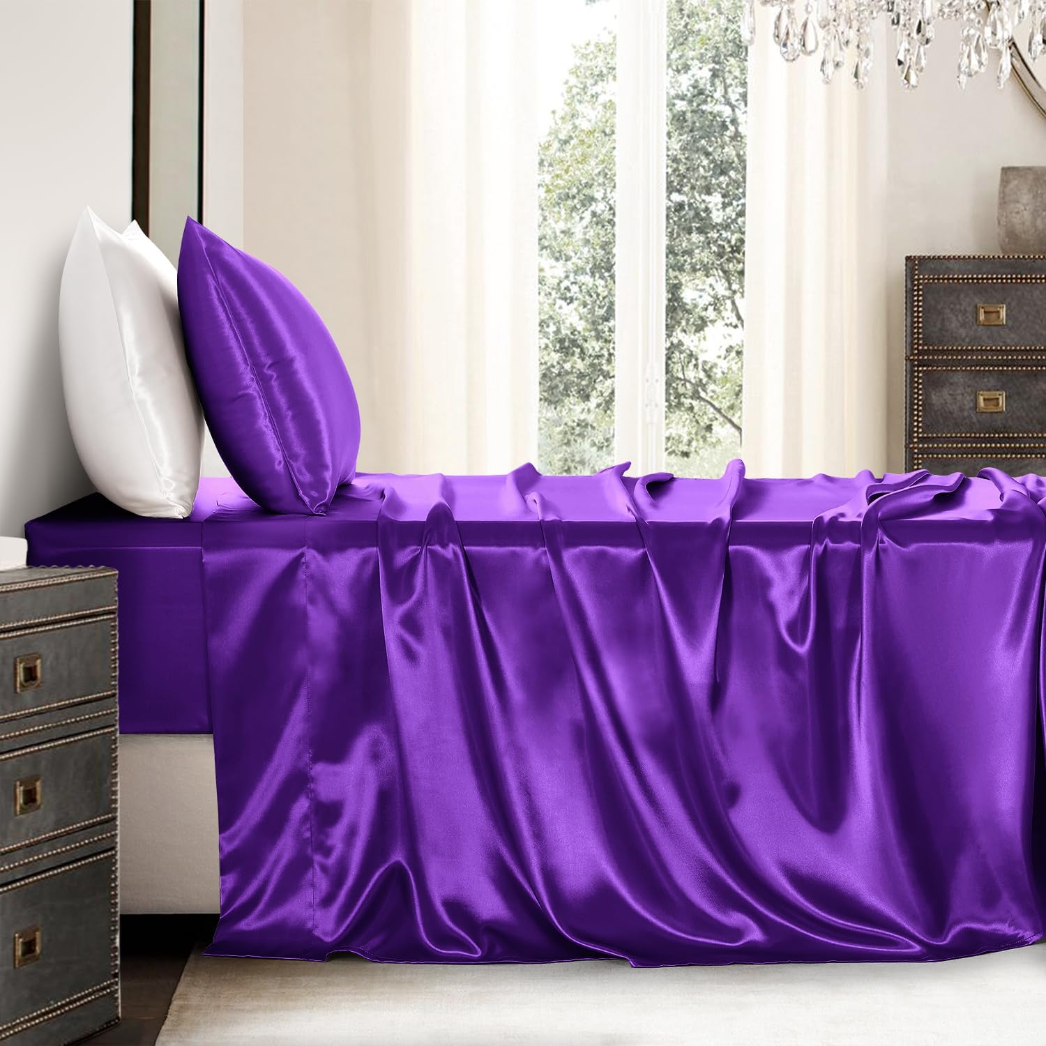 Golal Satin Bed Linen Set, 3Pcs Luxury Silky Soft Twin XL Sheets with Deep Pocket Fitted Sheet, Wrinkle-Free, Dark Purple 3Pcs