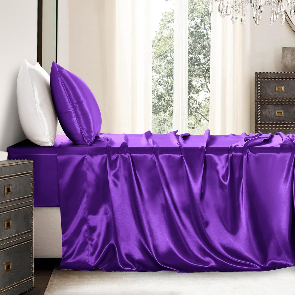 Golal Satin Sheets Twin Size - 3 Pieces Luxury Silky Soft Bed Sheets for Kids, Wrinkle-Free Dark Purple Satin Silk Sheet Set with 1 Deep Po…