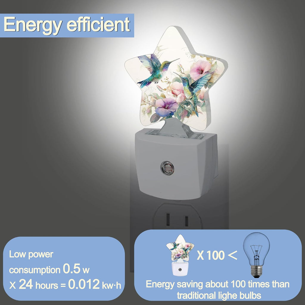 Snowmolle Hummingbird Bird Floral Night Lights Plug Into Wall, Vintage Flower Star Night Light for Kids, Nightlight with Dusk to Dawn Smart S…