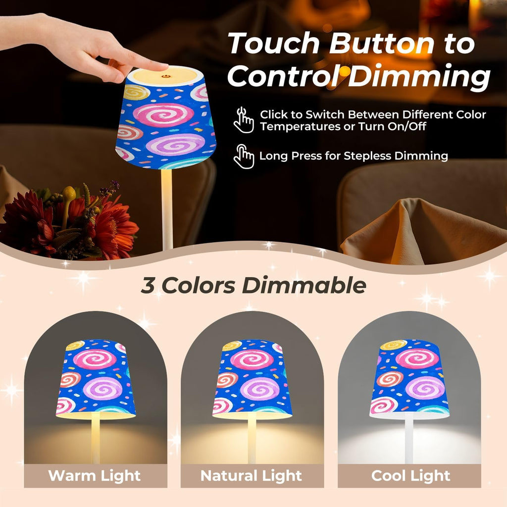 Cordless Mahjong Lamp Colorful Swirl Candy Pastel Spirals Confetti Bright Blue Small LED Lamp 3 Color Dimmable Rechargeable Lamps for Mah…