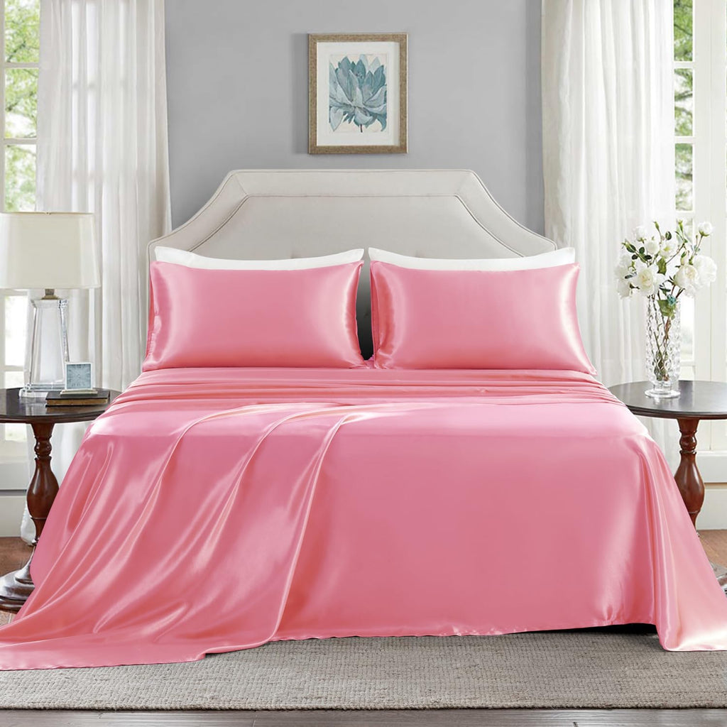 Golal Satin Sheets King Size - 4 Pieces Luxury Silky Soft Bed Sheets, Wrinkle-Free Pink Satin Silk Sheet Set with 1 Deep Pocket Fitted Shee…