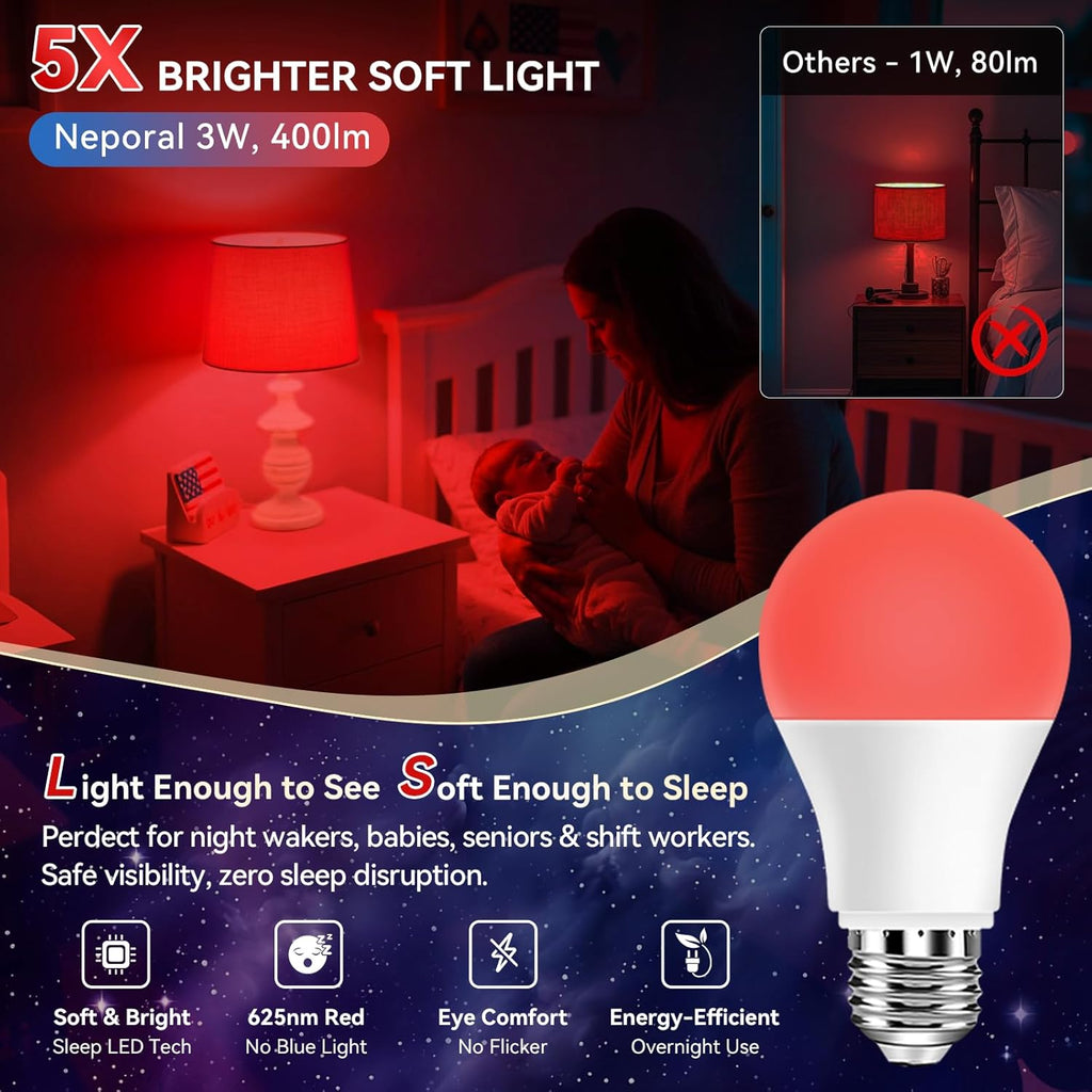 Neporal 625nm Red Light Bulbs for Sleep 3W, 100% Blue Light Blocking Bulbs for Melatonin Promote, A19 40W Eq. Soft Red Night Light Bulb…