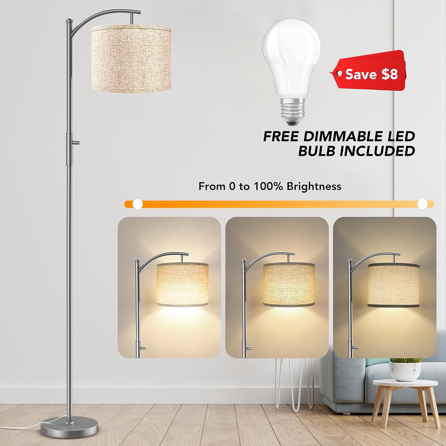 ROTTOGOON Dimmable Floor Lamp, Arc Floor Lamps for Living Room, Stepless Dimming Modern Standing Lamp with Linen Shade, Tall Lamp for…