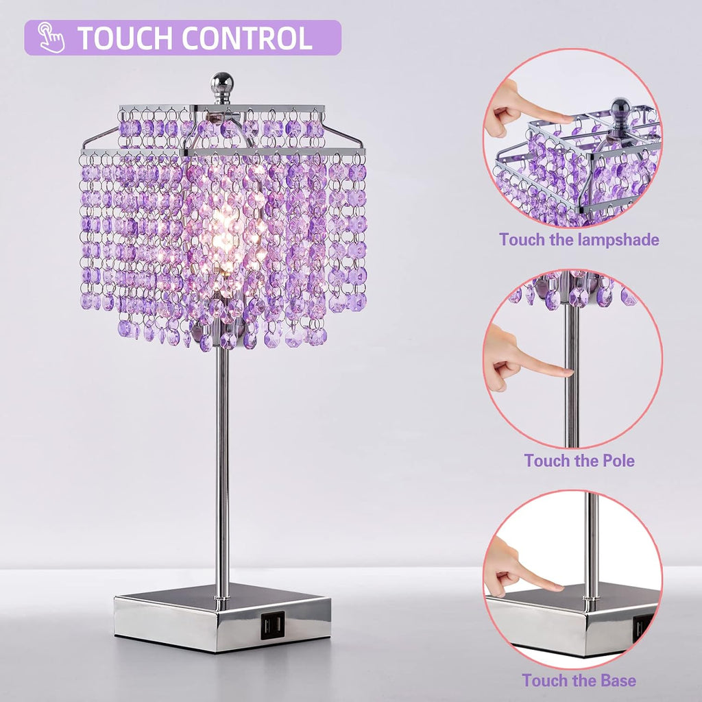 Luvkczc Purple Bedside Crystal Table Lamp Set of 2, Touch Control Lamps, Dimmable Lamp with Crystal Shade for Bedroom, Girl Living Room…