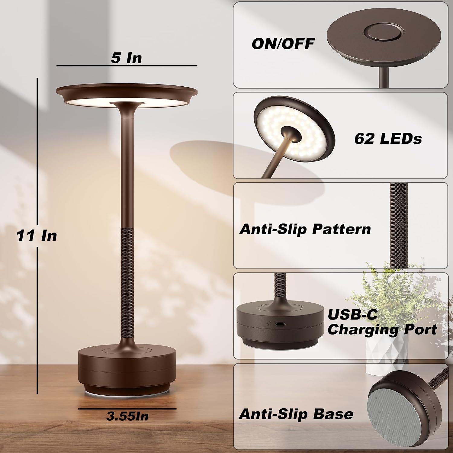 1 Pack Rechargeable Table Lamps Cordless, Portable 5000mAh Outdoor Table Light, 3 Color Stepless Dimming LED Table Lamp with Memory…