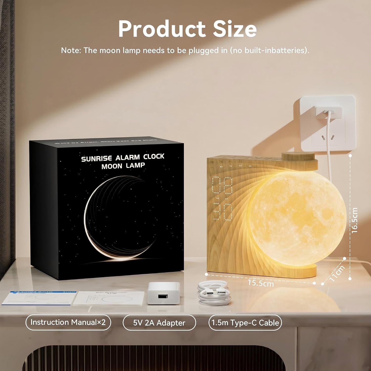 Rotating Moonlight Alarm Clock for Heavy Sleepers - Sunrise Simulation Wake-Up Light, Snooze, 10 Light Effects, 30/60/90 Timer, 10 Nature…