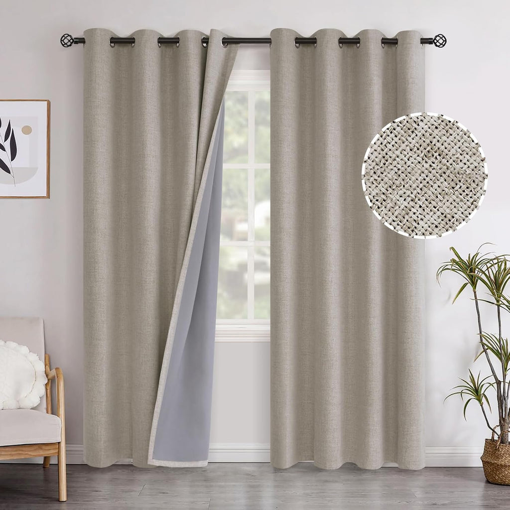 YoungsTex Linen 100% Blackout Curtains for Bedroom, Thermal Insulated Black Out Window Curtains with Grommet for Living Room Office Farmhou…