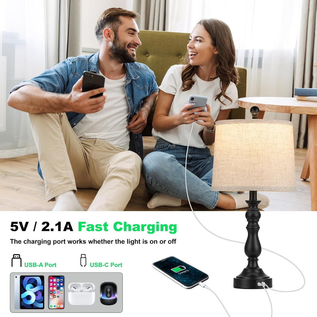 23'' Farmhouse Table Lamps for Living Room Set of 2 with USB C+A Ports, Retro Bedside Lamp for Bedroom, Office, Dining Room, Knob Switch…