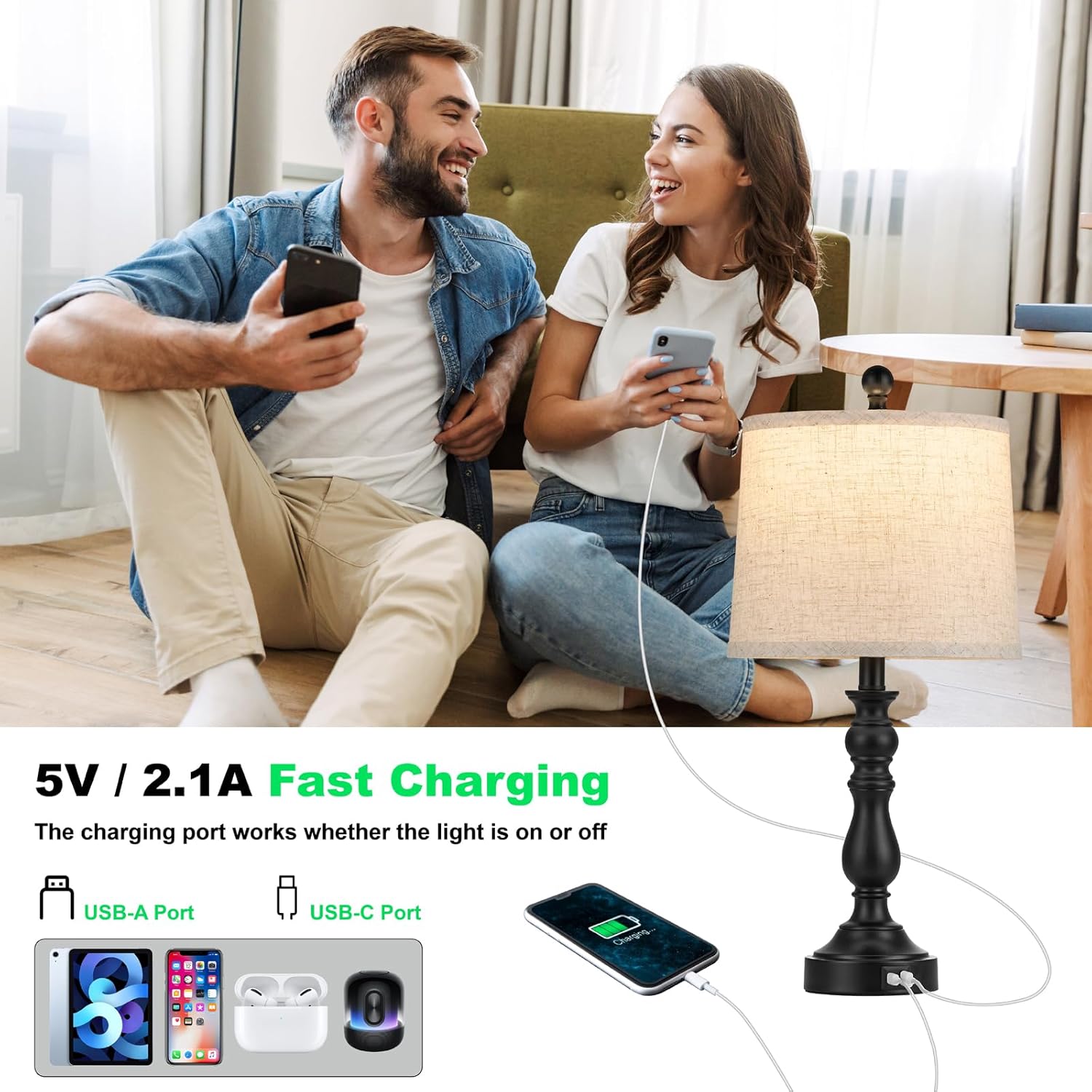 23'' Farmhouse Table Lamps for Living Room Set of 2 with USB C+A Ports, Retro Bedside Lamp for Bedroom, Office, Dining Room, Knob Switch…