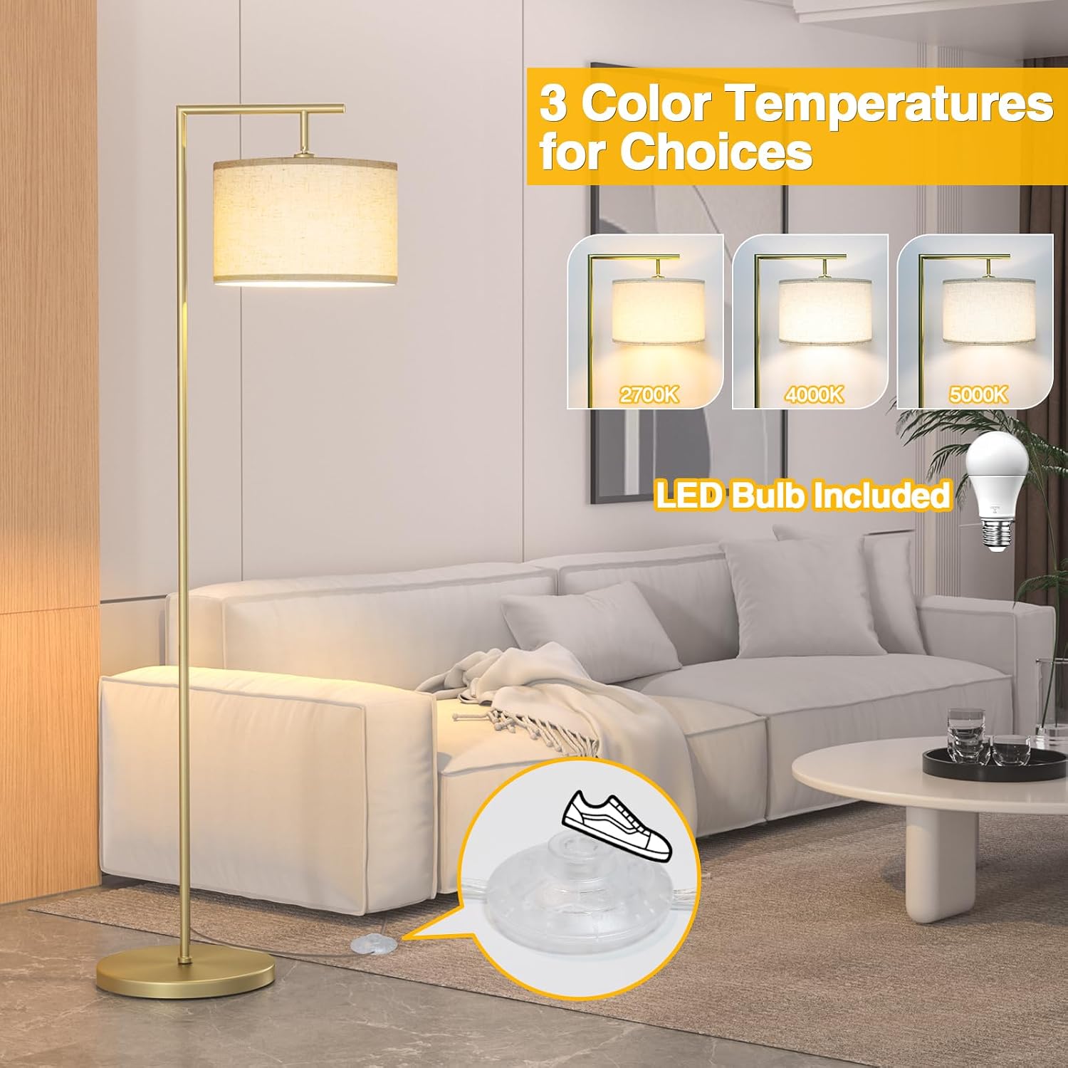 Floor Lamp for Living Room with 3 Color Temperatures Standing Lamp with Adjustable Beige Linen Lampshade Tall Lamps for Bedroom Office…