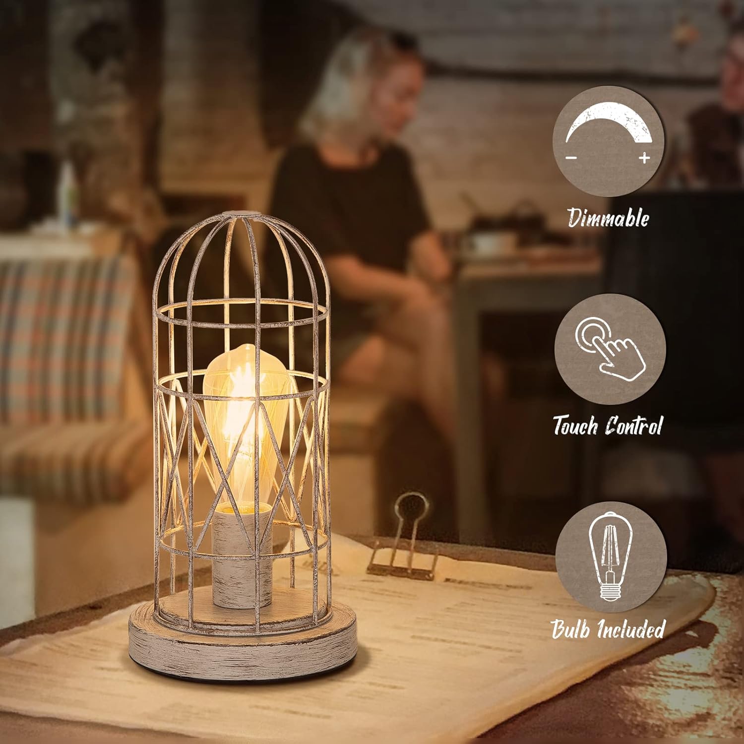 Small Table Lamp, Touch Control Table Lamp with Brushed White Oak Cage, Farmhouse Bedside Lamp 3-way Dimmable Nightstand Lamp Edison Lamp…
