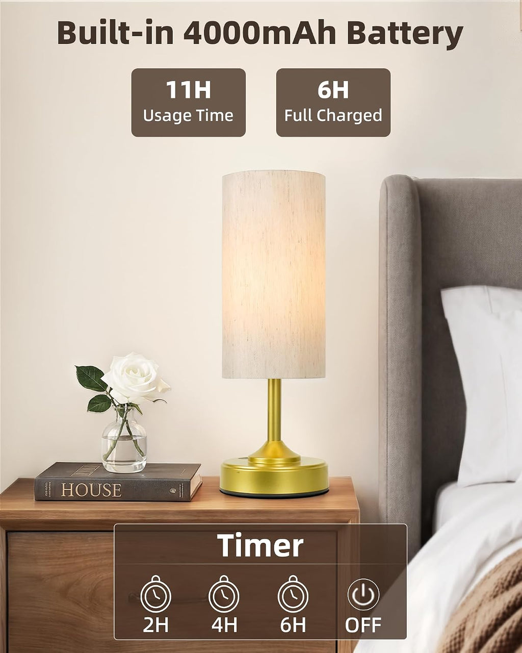 EZVALO Battery Lamp, Dimmable, Ambient Light, Gold-Toned, 2700K, Timer, Touch Control, Portable, LED, Battery Operated, Rechargeable…