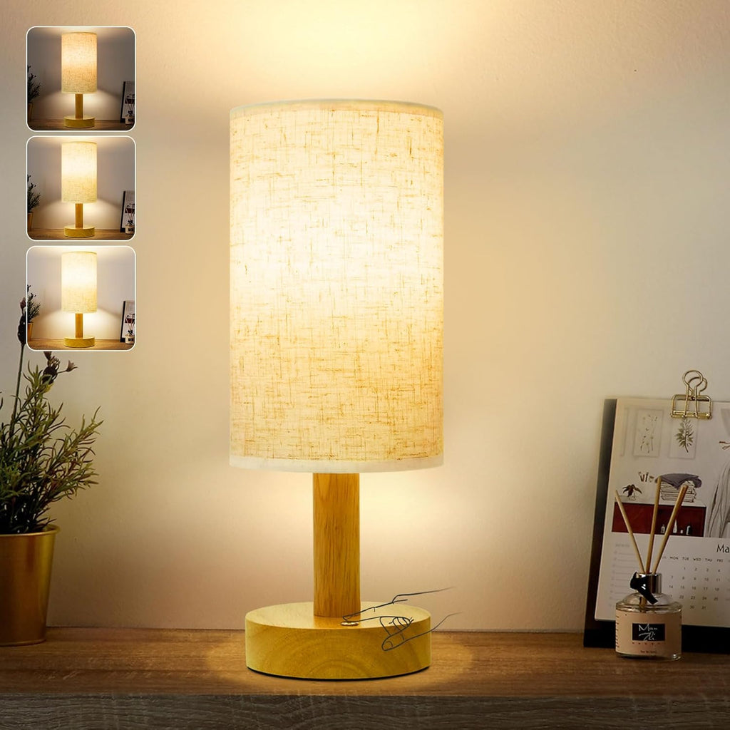 Rechargeable Cordless Table Lamp, Touch Control&Stepless Dimming, Wireless Bedside Ambient Night Light with Wood Base&Linen Shade, Portable…
