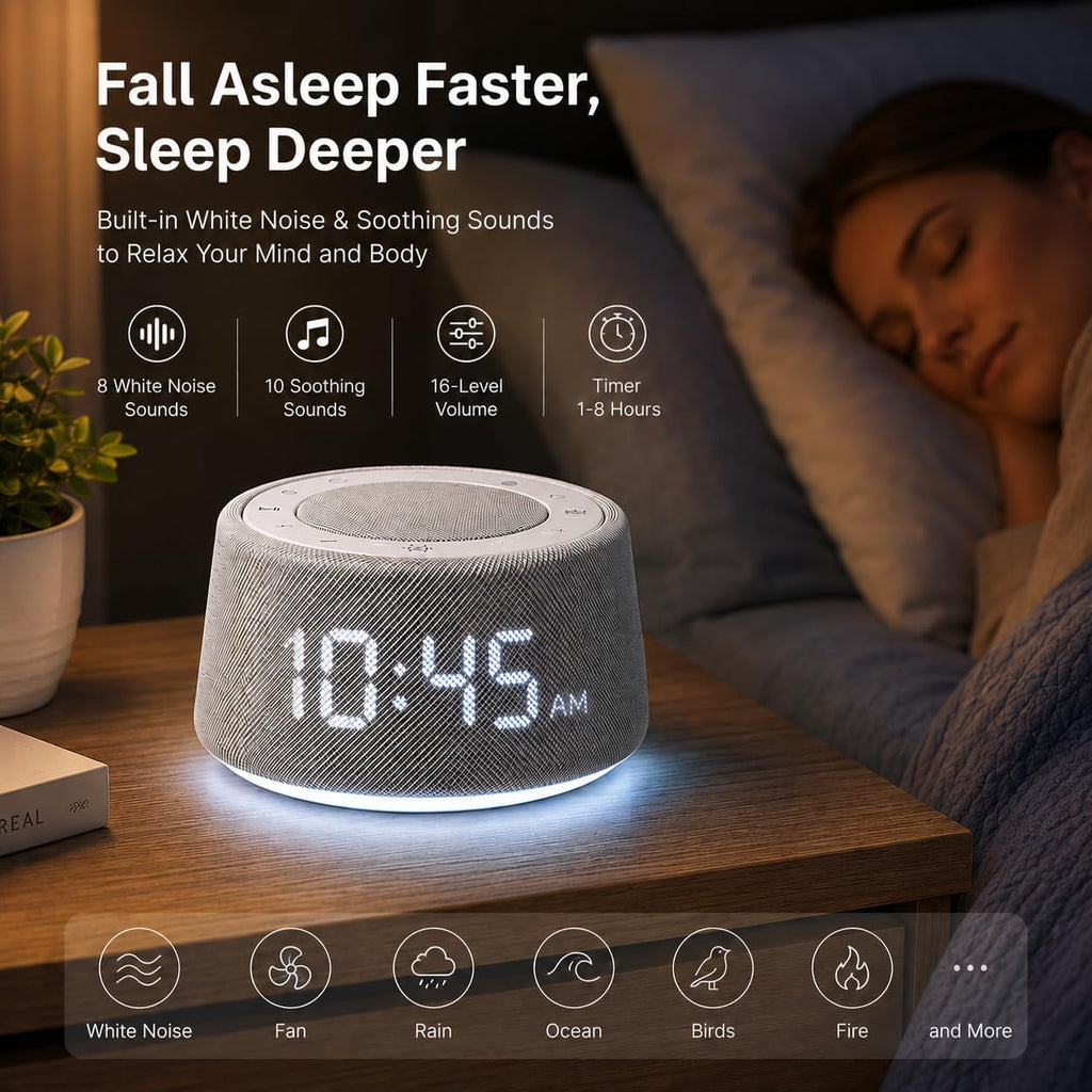 White Noise Alarm Clock for Bedroom, Bluetooth Speaker with Sleep Sounds & Ambient Night Light, Digital Bedside Clock for Adults & Heavy…