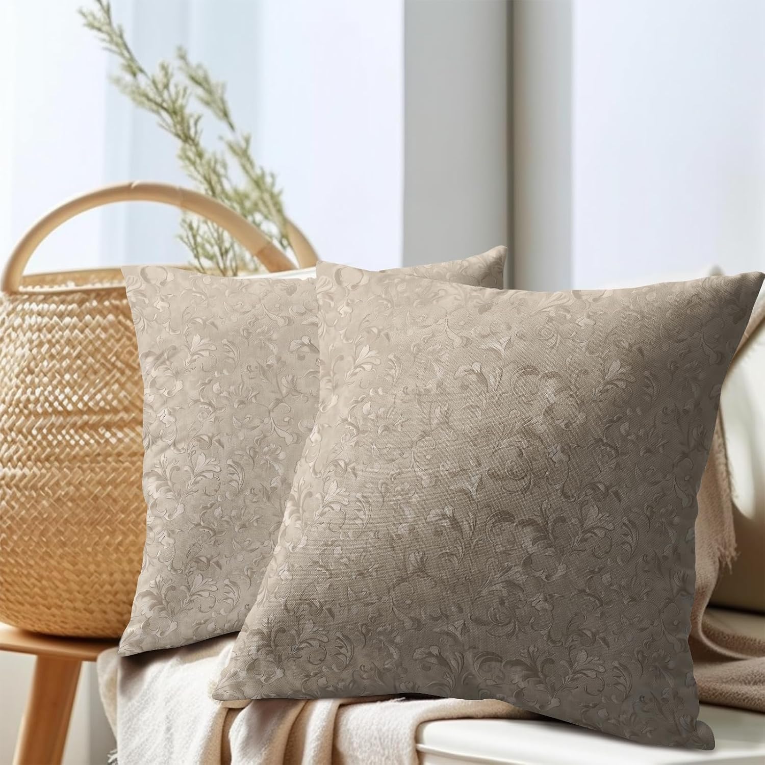 Granbey 2 PCS Decorative Vintage Floral Throw Pillow Cover 20X20 Inch Pale Brown Block Print Farmhouse Cushion Covers Boho Fall Home Decor…