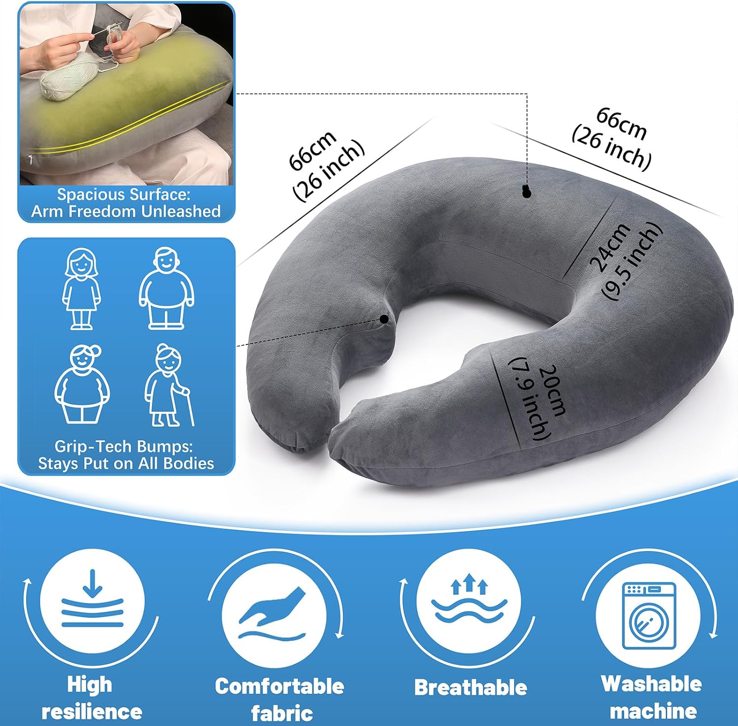 Ergonomic U-Shape Gaming & Lap Pillow - Crochet Pillow & Reading Support Pillow with Arm Relief, Comfort for Gamers, Crafters & Book…