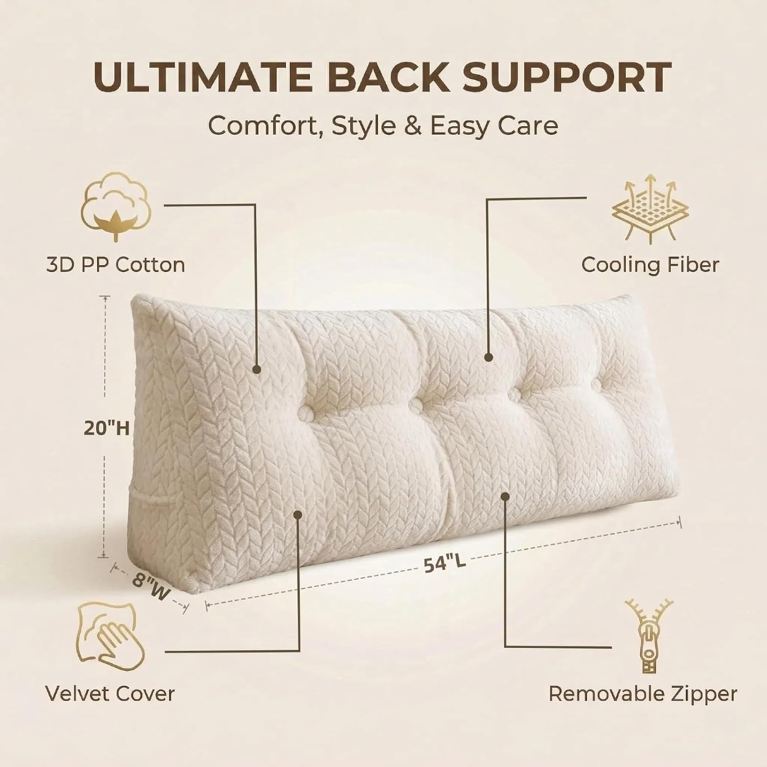 Headboard Pillow Full Size, Reading Pillow for Bed, Leaf Pattern Wedge Pillow, Tufted Backrest Support, Headboard Substitute, Beige