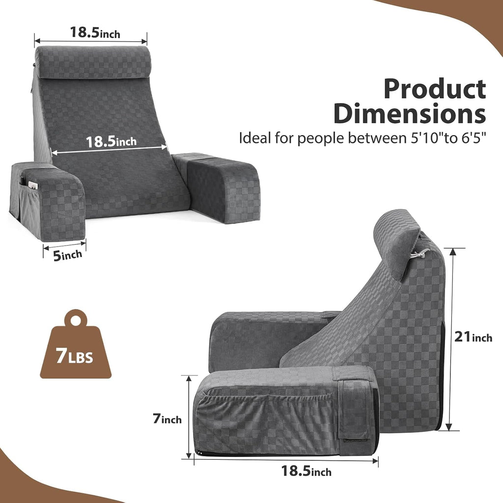Vekkia 21" Reading Pillow with Arms and Headrest – Tall Back Support Cushion for Adults, Multi-Density Foam, Removable Cover & XL Side…