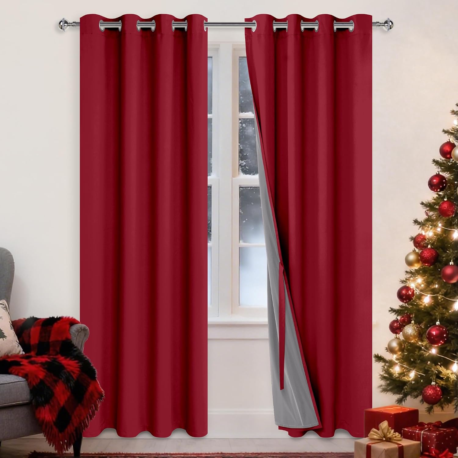 Xwzo 100% Blackout Window Curtains - Thermal Insulated & Noise Reduction Black Liner Window Treatment Sewn with Tiebacks for Bedroom/Living…