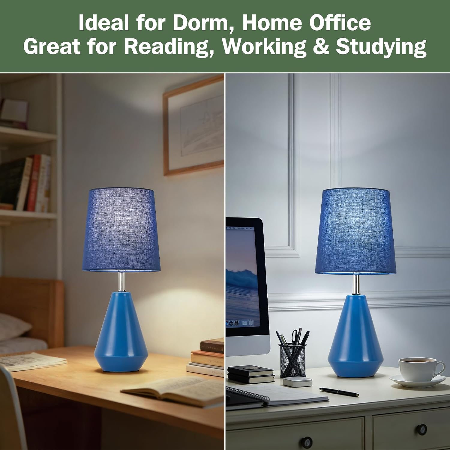 Small Bedside Table Lamp for Bedroom-Reading Desk Lamp Set of 2, with 3 Color Temperatures,15.5" Nightstand Ceramic Lamp with Fabric Shade…