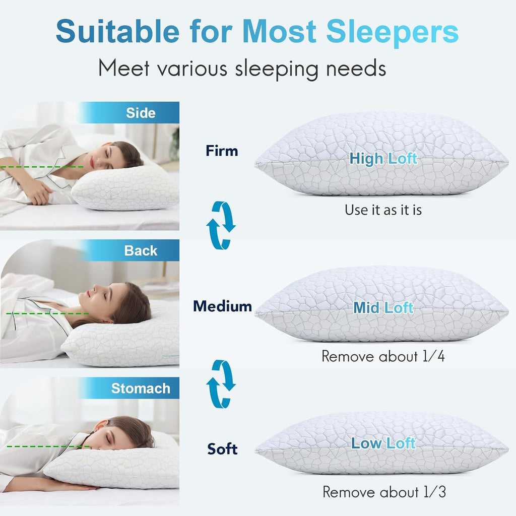 Qutool Cooling Pillow for Sleeping, CertiPUR-US Shredded Memory Foam Queen Pillows Set of 2, Cool Pillow for Hot Sleepers Adjustable Firm P…