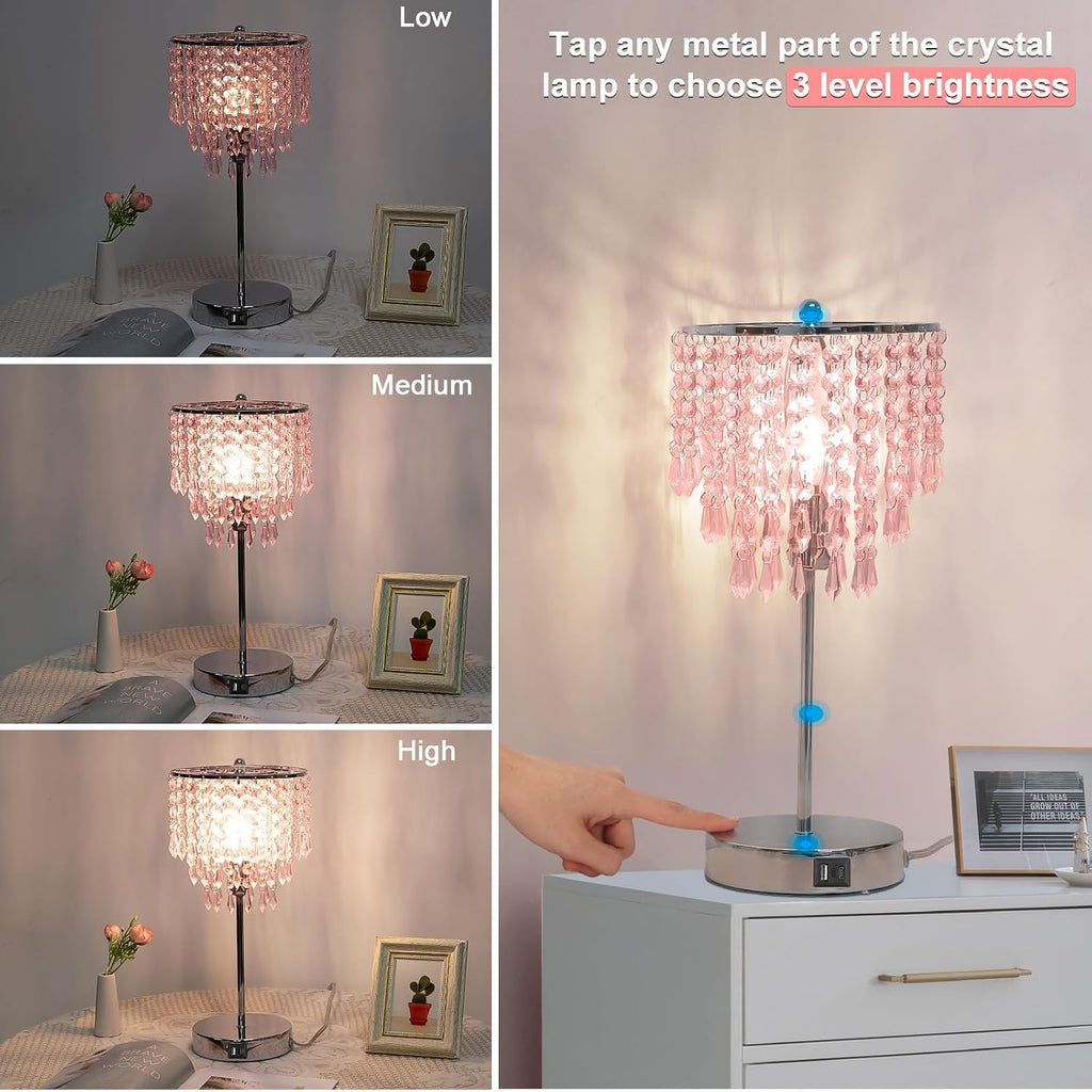 Crystal Touch Control Table Lamp with Dual USB Charging Ports, 3 Way Dimmable Bedside Lamp with Pink Shade, Decorative Nightstand Lamp…