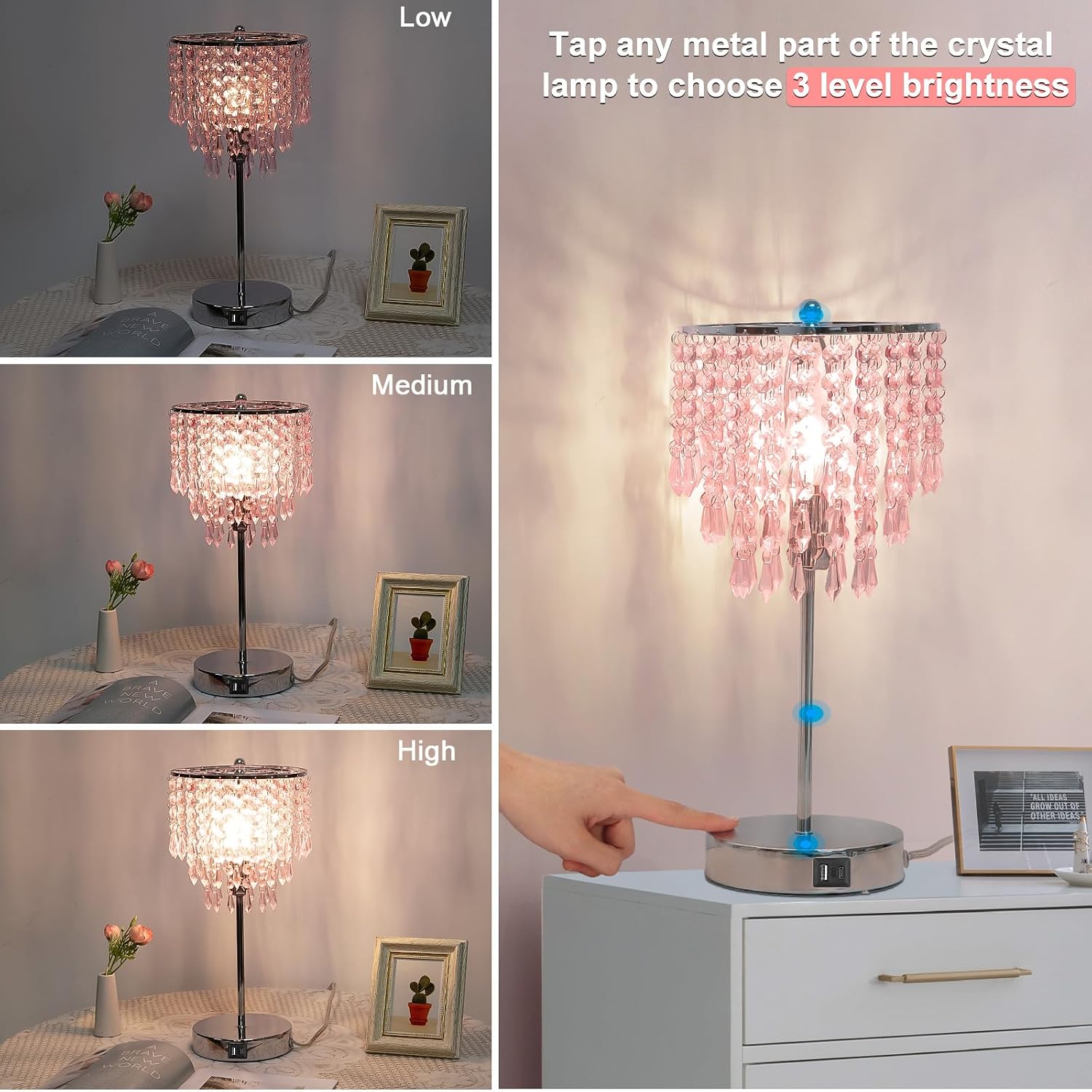 Crystal Touch Control Table Lamp with Dual USB Charging Ports, 3 Way Dimmable Bedside Lamp with Pink Shade, Decorative Nightstand Lamp…